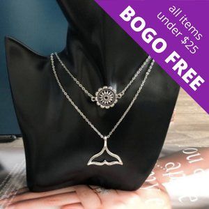 Flower & Fishtail Mermaid Double Pendant Necklace